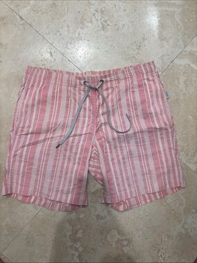 Onia Men's Coral & White Striped Swim Trunks - sz M